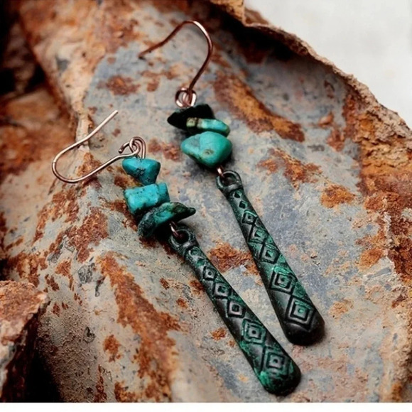 Turquoise Patina Earrings Natural Stone Dangle - Picture 2 of 10